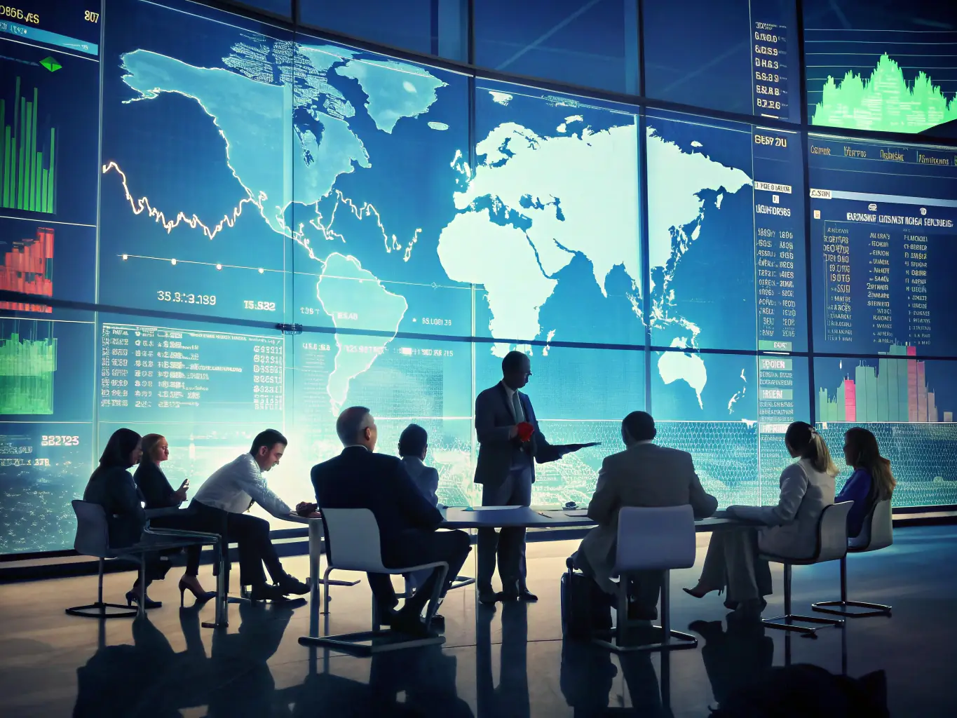An image of a diverse team of financial advisors collaborating on economic planning, showcasing expertise in international finance and investment strategies.