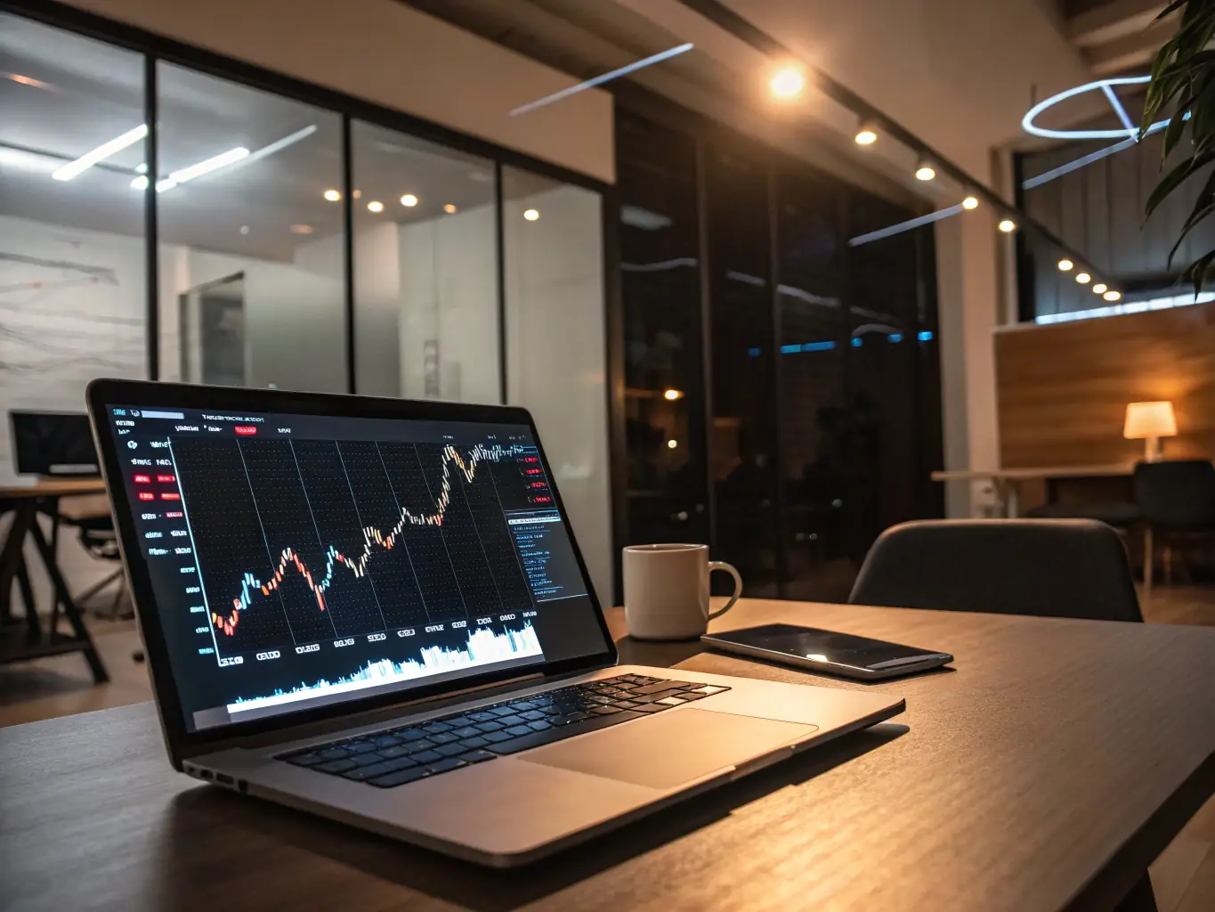 An image of a modern office setting with digital displays showing financial data and global market trends, emphasizing the firm's focus on economic planning and capital growth.