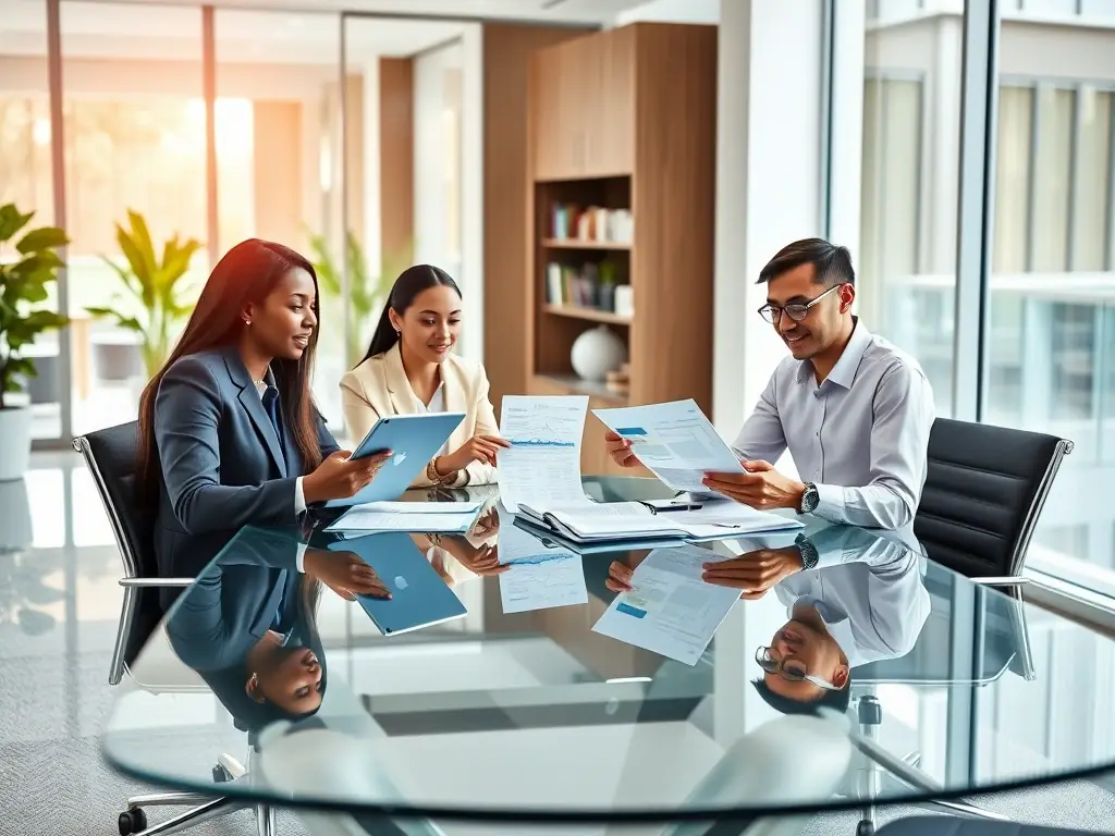 A diverse team of financial advisors collaborating on international tax solutions in a bright, modern office, showcasing teamwork and expertise.
