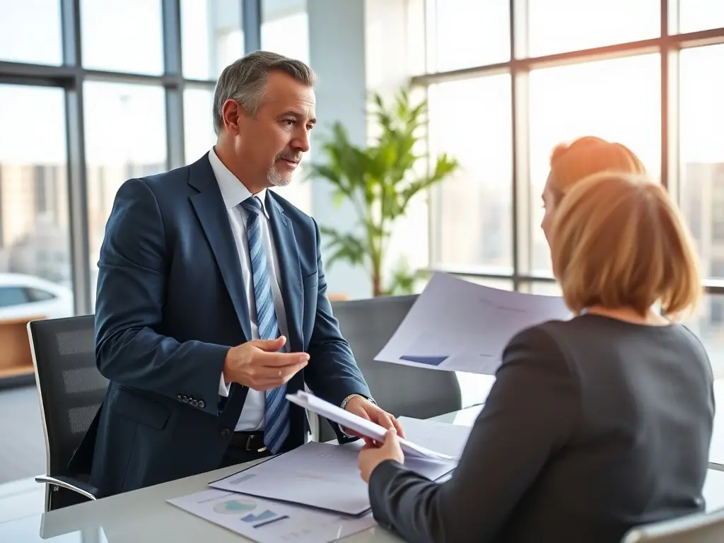 A professional consultant is advising a client in a modern office setting, discussing international tax strategies with charts and graphs visible on a screen in the background.
